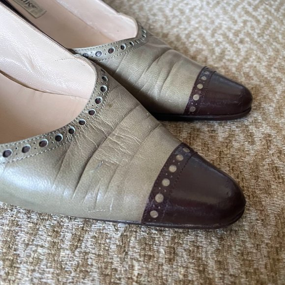 HP Manolo Blahnik Kitten Heels US 6.5 EU37 VTG Brown & Khaki - Picture 8 of 11